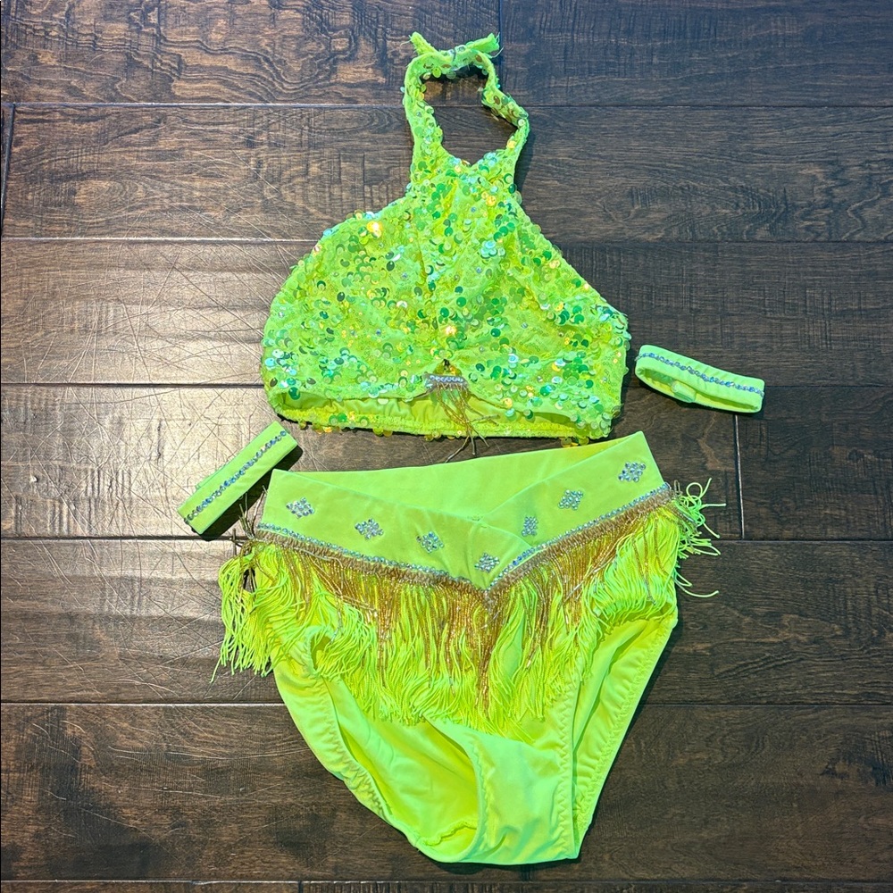 Neon yellow Sequin Halter dance costume Set